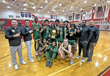  Cypress Falls boys' basketball team with district championship trophy